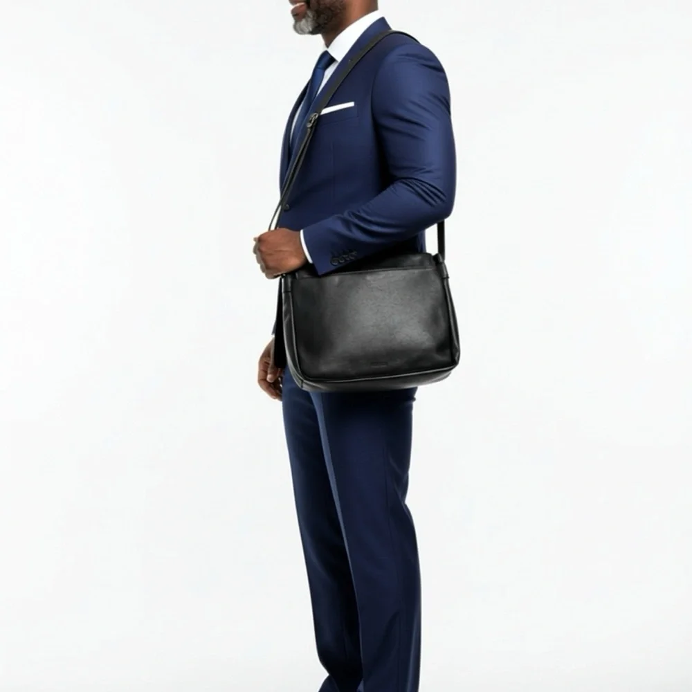 Bugatti Black Leather Messenger Bag
